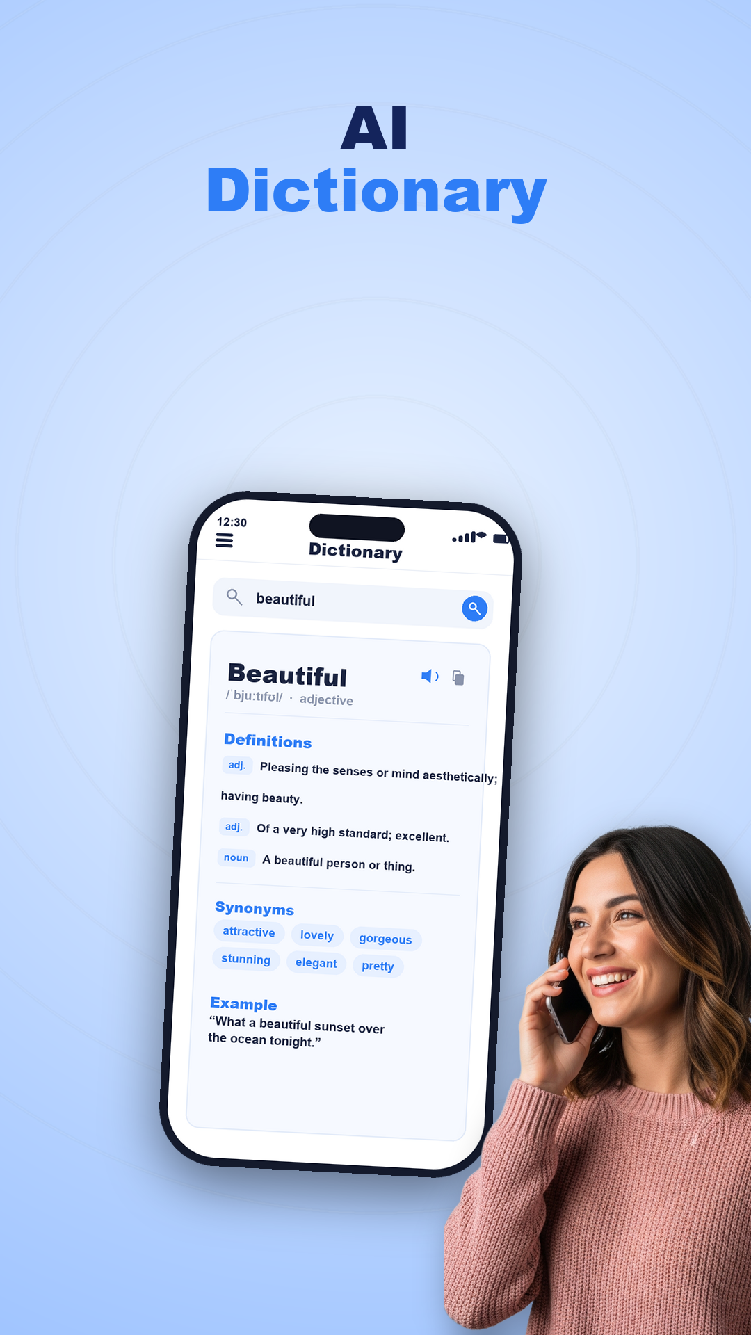 Built-in dictionary showing a word and its definitions